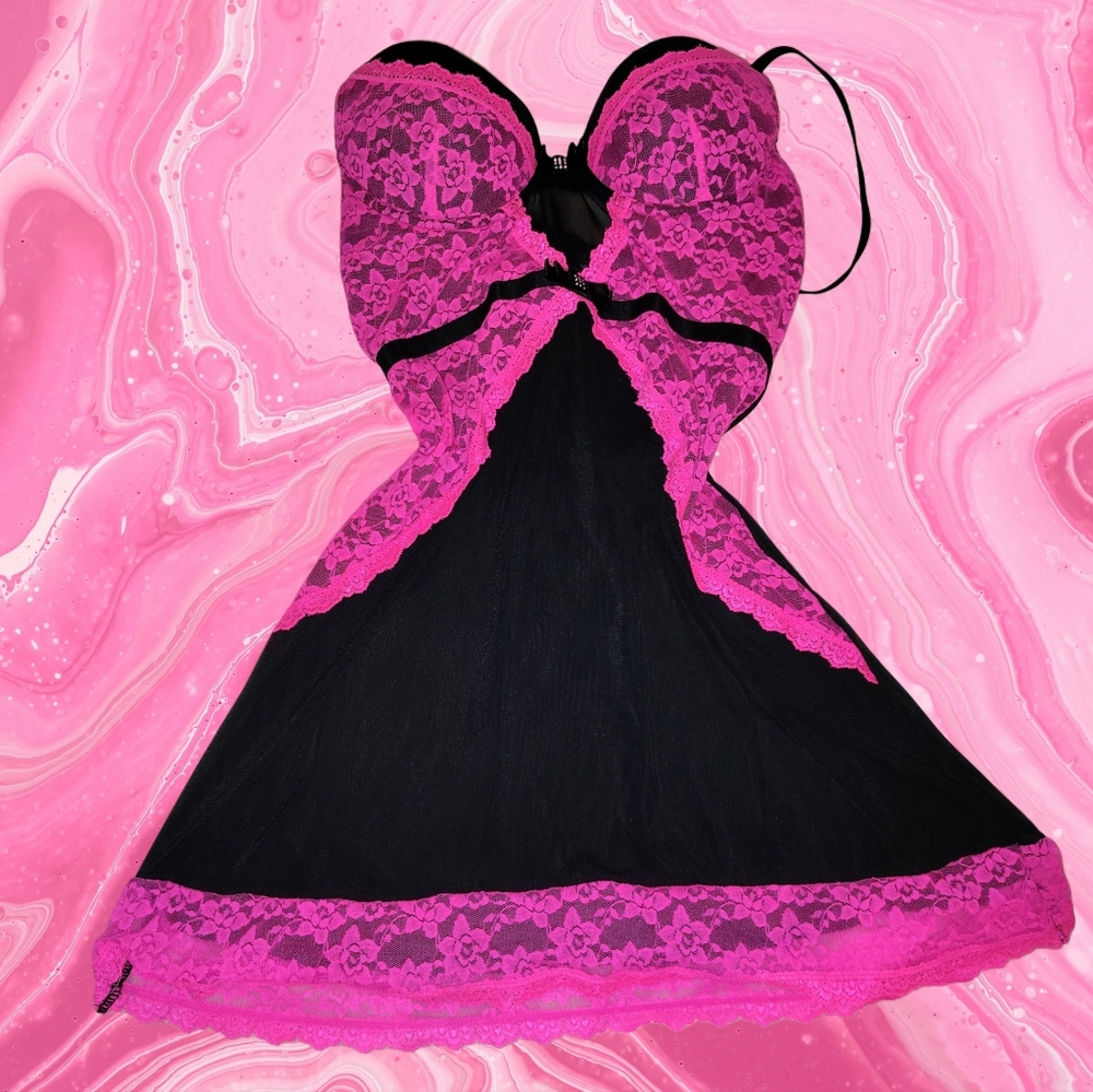 Smart & Sexy Pink and Black Lace Nightie Lingerie Size 34B